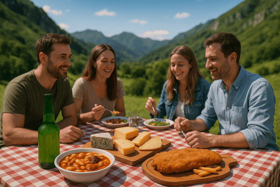 Explora la belleza de Asturias mientras disfrutas de su gastronomía: del Cabrales a la sidra, embutidos y platos típicos acompañan tu aventura en la naturaleza.